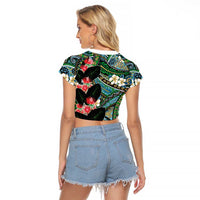 Hawaiian Taro Leaves and Ohia Lehua Raglan Cropped T Shirt Polynesian Tribal Art Tropical Plants Motifs Colorful