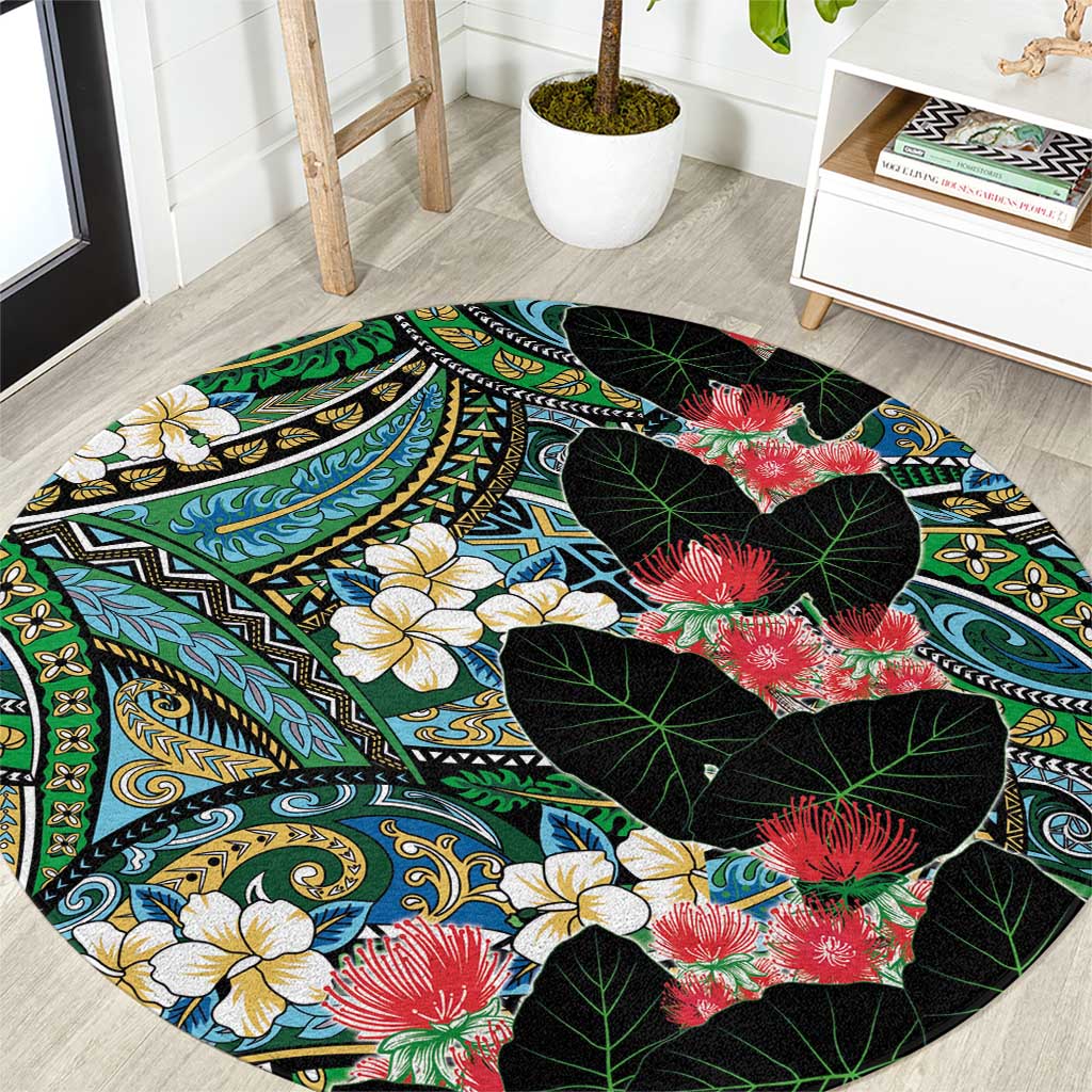 Hawaiian Taro Leaves and Ohia Lehua Round Carpet Polynesian Tribal Art Tropical Plants Motifs Colorful