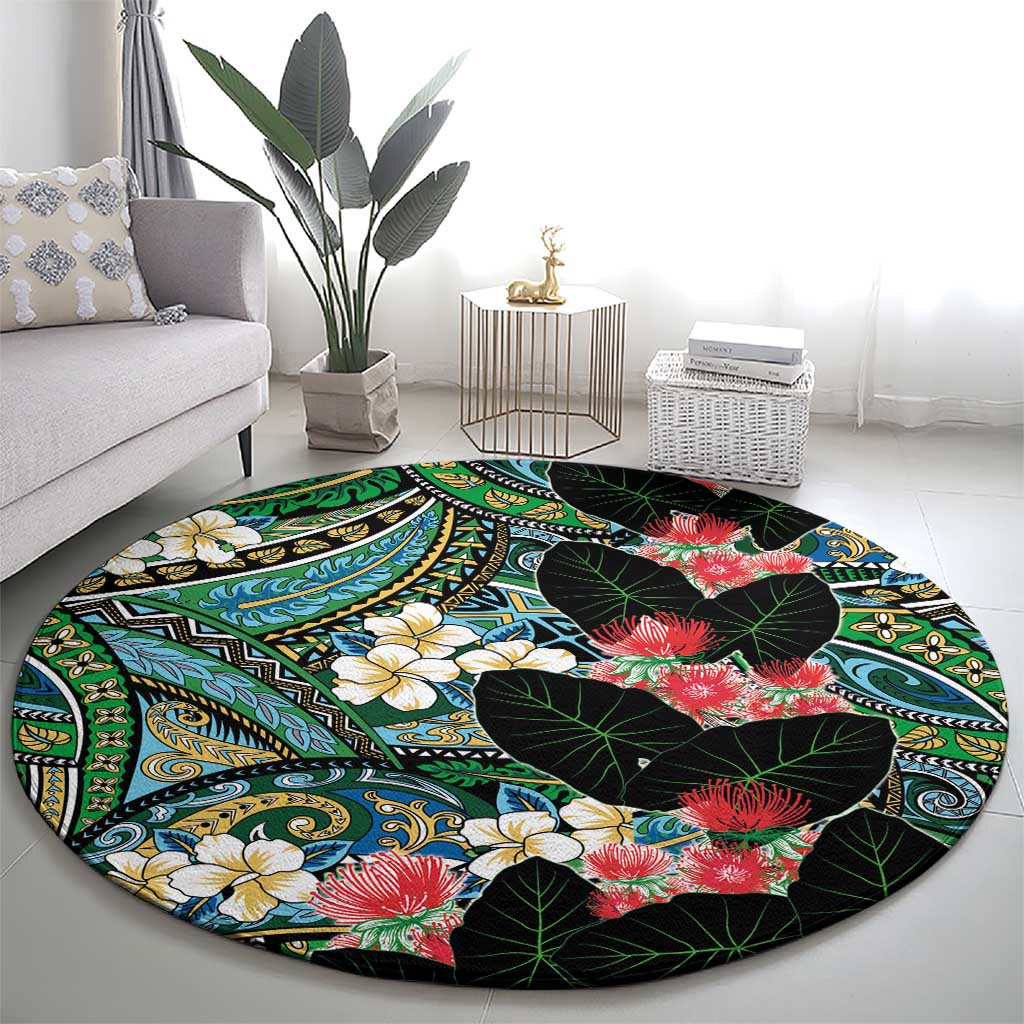Hawaiian Taro Leaves and Ohia Lehua Round Carpet Polynesian Tribal Art Tropical Plants Motifs Colorful