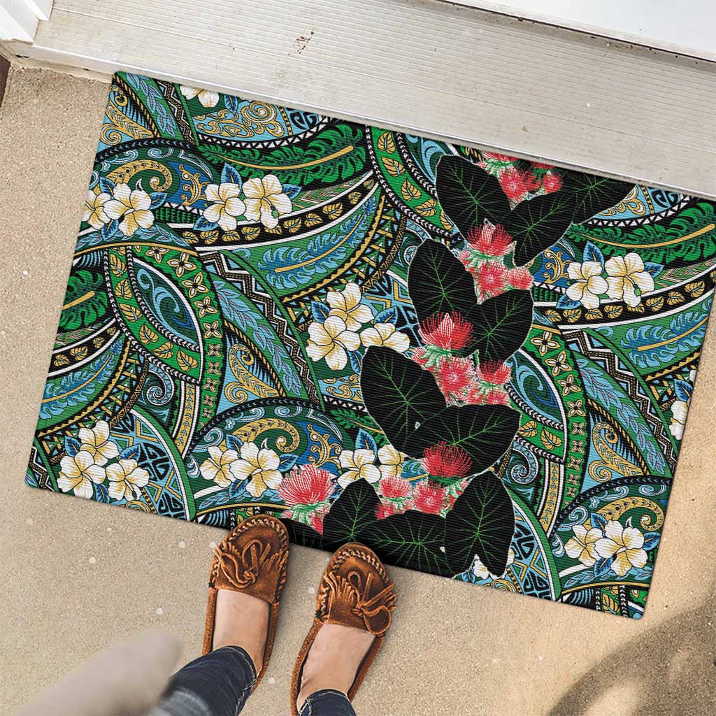 Hawaiian Taro Leaves and Ohia Lehua Rubber Doormat Polynesian Tribal Art Tropical Plants Motifs Colorful