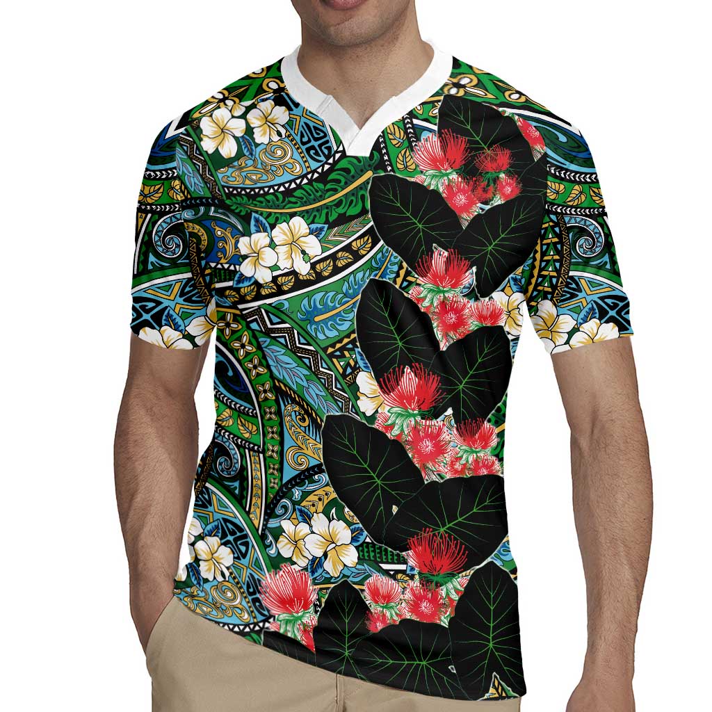 Hawaiian Taro Leaves and Ohia Lehua Rugby Jersey Polynesian Tribal Art Tropical Plants Motifs Colorful