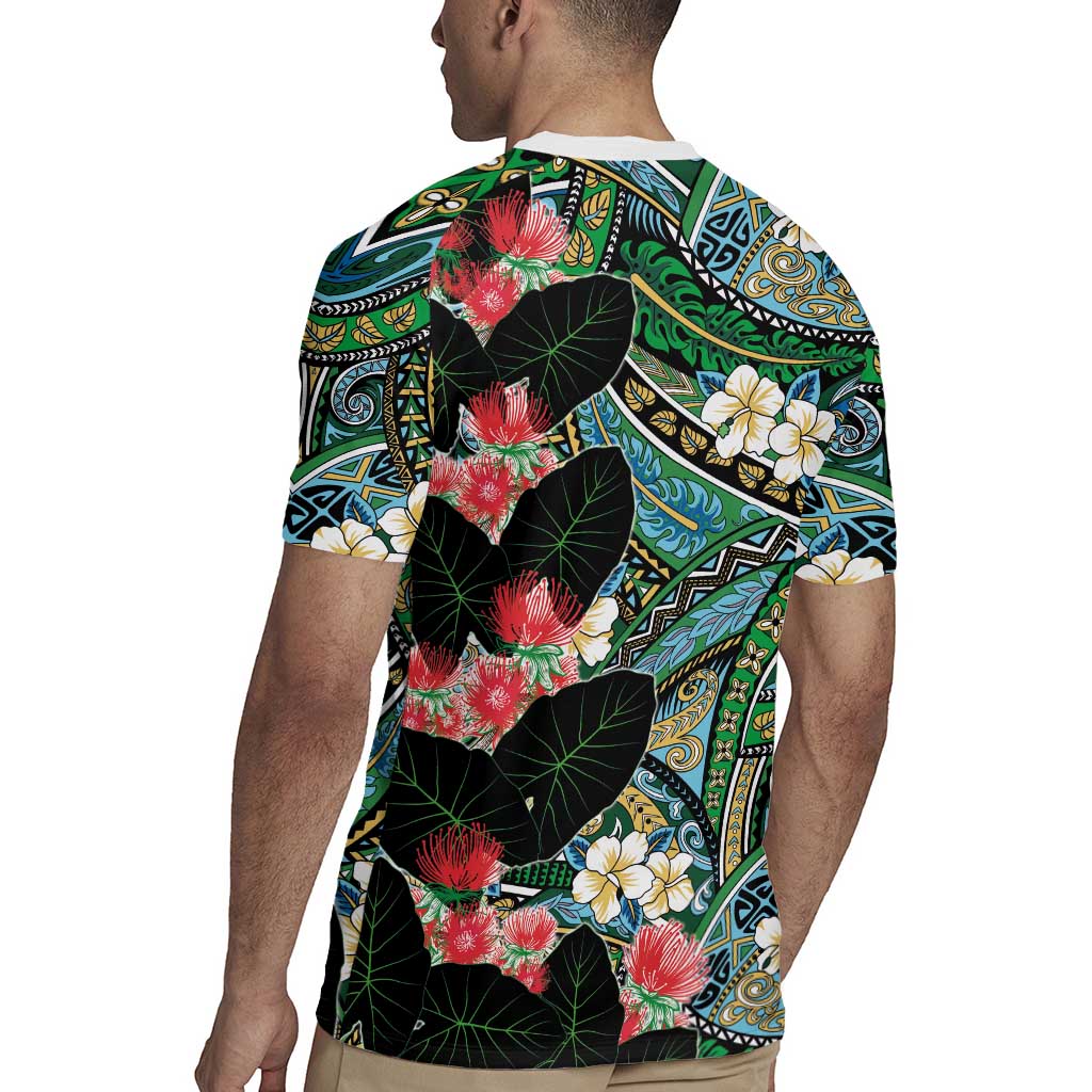 Hawaiian Taro Leaves and Ohia Lehua Rugby Jersey Polynesian Tribal Art Tropical Plants Motifs Colorful