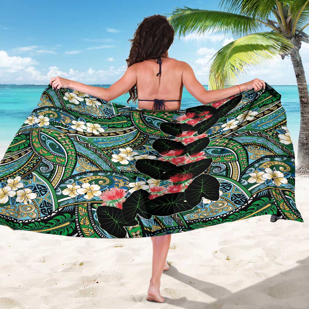 Hawaiian Taro Leaves and Ohia Lehua Sarong Polynesian Tribal Art Tropical Plants Motifs Colorful