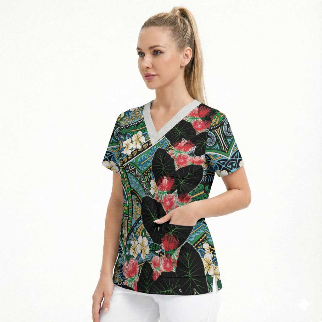 Hawaiian Taro Leaves and Ohia Lehua Scrub Top Polynesian Tribal Art Tropical Plants Motifs Colorful