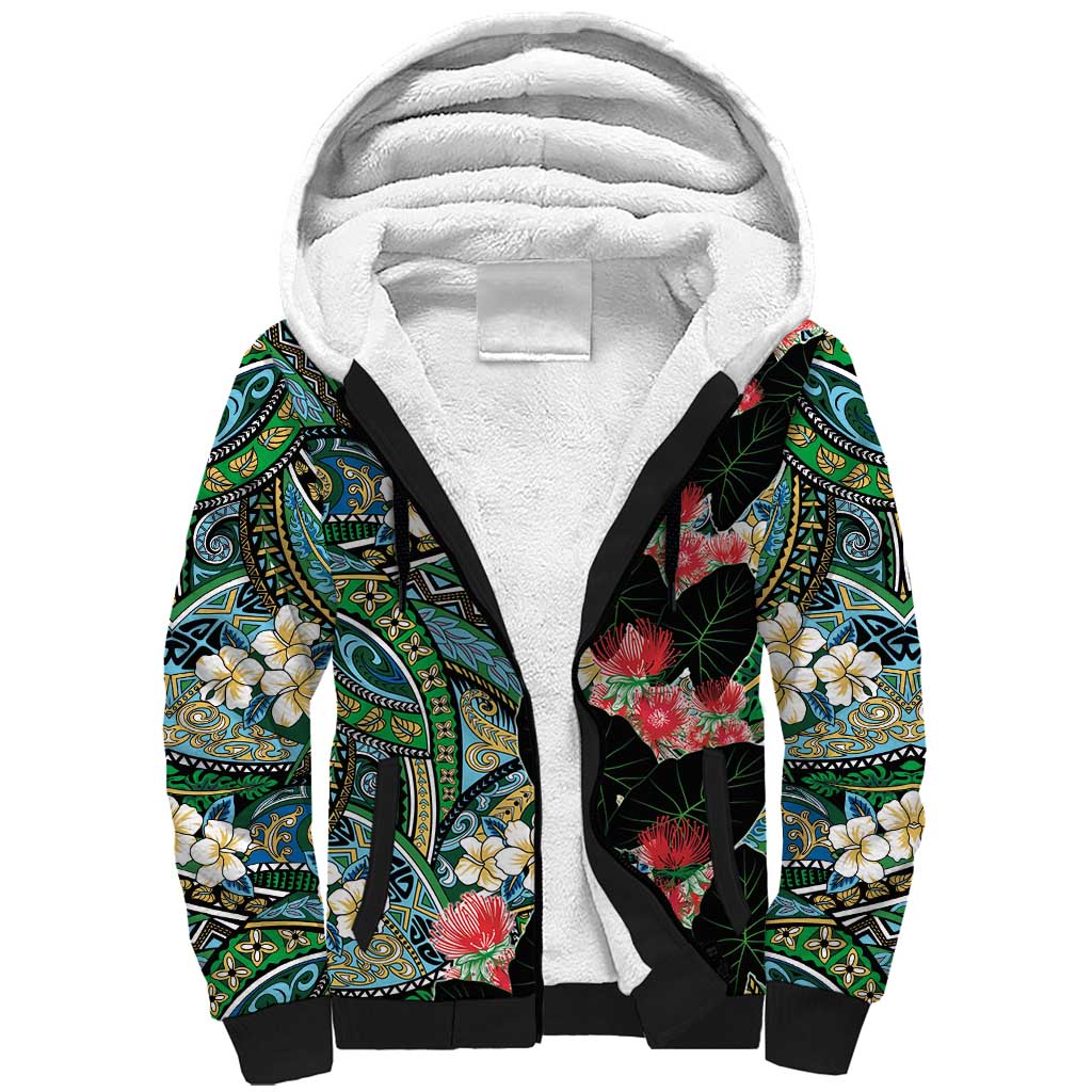 Hawaiian Taro Leaves and Ohia Lehua Sherpa Hoodie Polynesian Tribal Art Tropical Plants Motifs Colorful