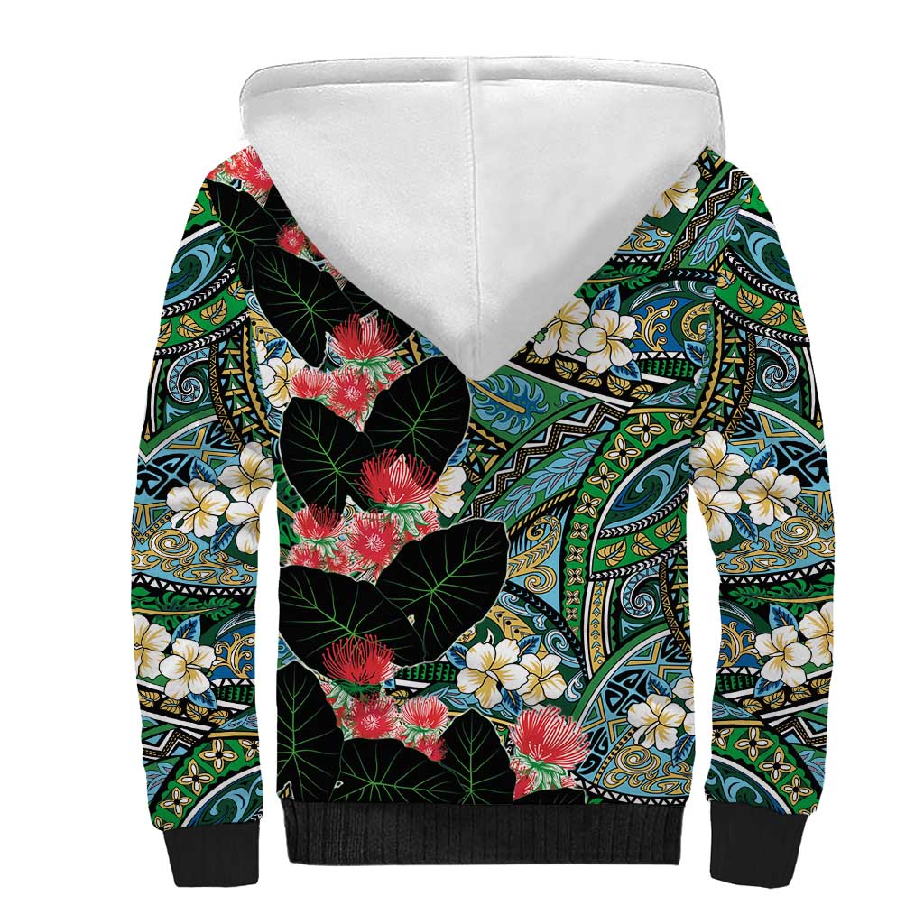 Hawaiian Taro Leaves and Ohia Lehua Sherpa Hoodie Polynesian Tribal Art Tropical Plants Motifs Colorful