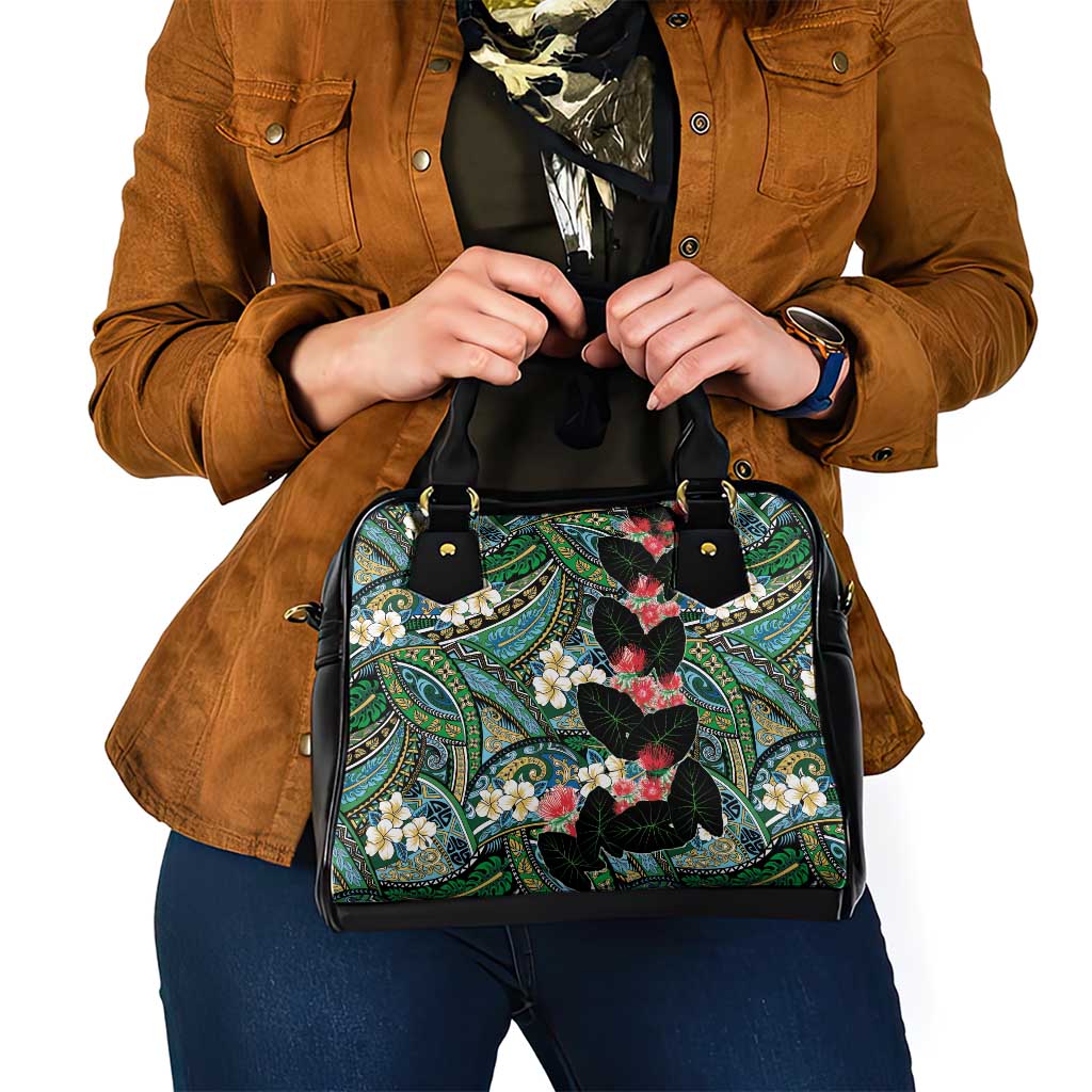 Hawaiian Taro Leaves and Ohia Lehua Shoulder Handbag Polynesian Tribal Art Tropical Plants Motifs Colorful
