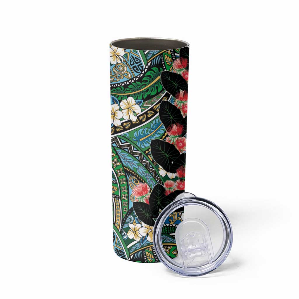 Hawaiian Taro Leaves and Ohia Lehua Skinny Tumbler Polynesian Tribal Art Tropical Plants Motifs Colorful