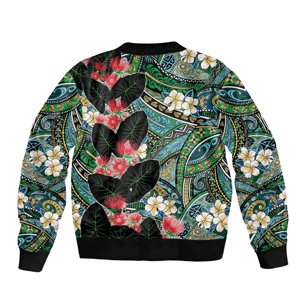 Hawaiian Taro Leaves and Ohia Lehua Sleeve Zip Bomber Jacket Polynesian Tribal Art Tropical Plants Motifs Colorful