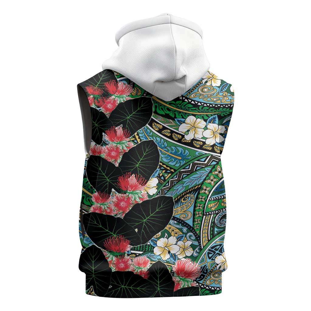 Hawaiian Taro Leaves and Ohia Lehua Sleeveless Hoodie Polynesian Tribal Art Tropical Plants Motifs Colorful