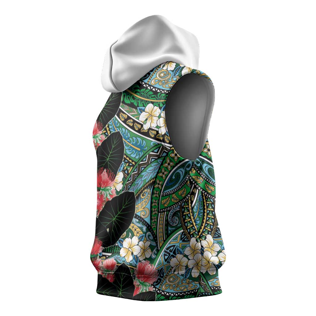 Hawaiian Taro Leaves and Ohia Lehua Sleeveless Hoodie Polynesian Tribal Art Tropical Plants Motifs Colorful