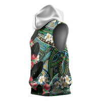 Hawaiian Taro Leaves and Ohia Lehua Sleeveless Hoodie Polynesian Tribal Art Tropical Plants Motifs Colorful