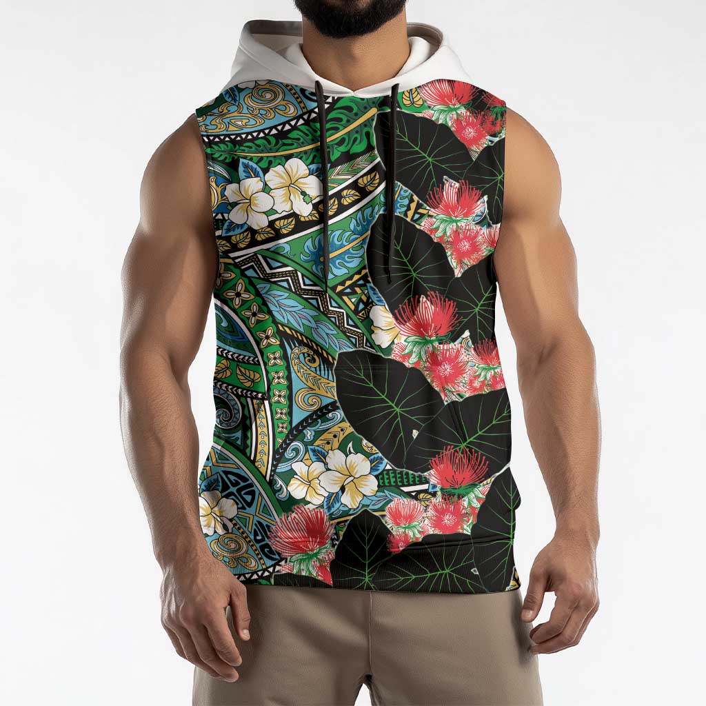 Hawaiian Taro Leaves and Ohia Lehua Sleeveless Hoodie Polynesian Tribal Art Tropical Plants Motifs Colorful