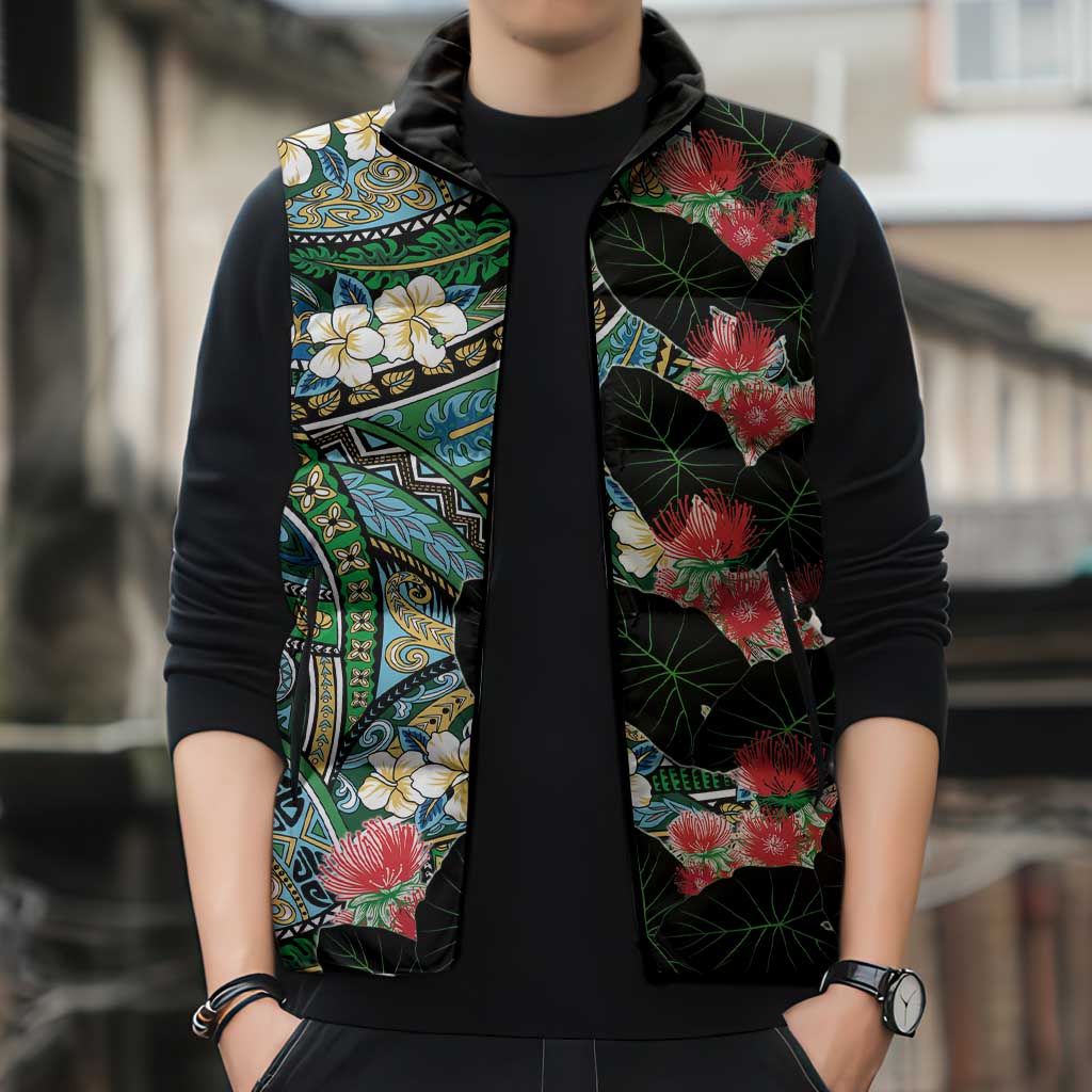 Hawaiian Taro Leaves and Ohia Lehua Sleeveless Puffer Jacket Polynesian Tribal Art Tropical Plants Motifs Colorful