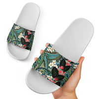 Hawaiian Taro Leaves and Ohia Lehua Slide Sandals Polynesian Tribal Art Tropical Plants Motifs Colorful