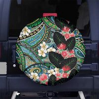 Hawaiian Taro Leaves and Ohia Lehua Spare Tire Cover Polynesian Tribal Art Tropical Plants Motifs Colorful