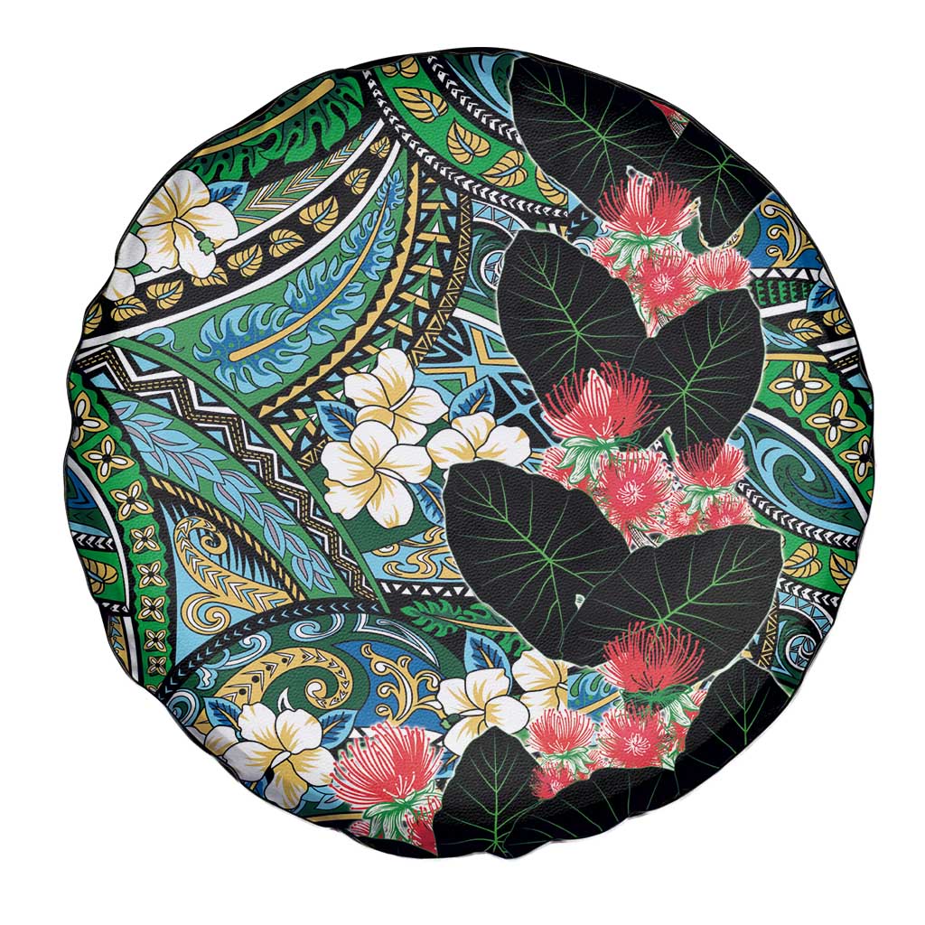 Hawaiian Taro Leaves and Ohia Lehua Spare Tire Cover Polynesian Tribal Art Tropical Plants Motifs Colorful