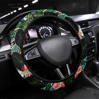 Hawaiian Taro Leaves and Ohia Lehua Steering Wheel Cover Polynesian Tribal Art Tropical Plants Motifs Colorful