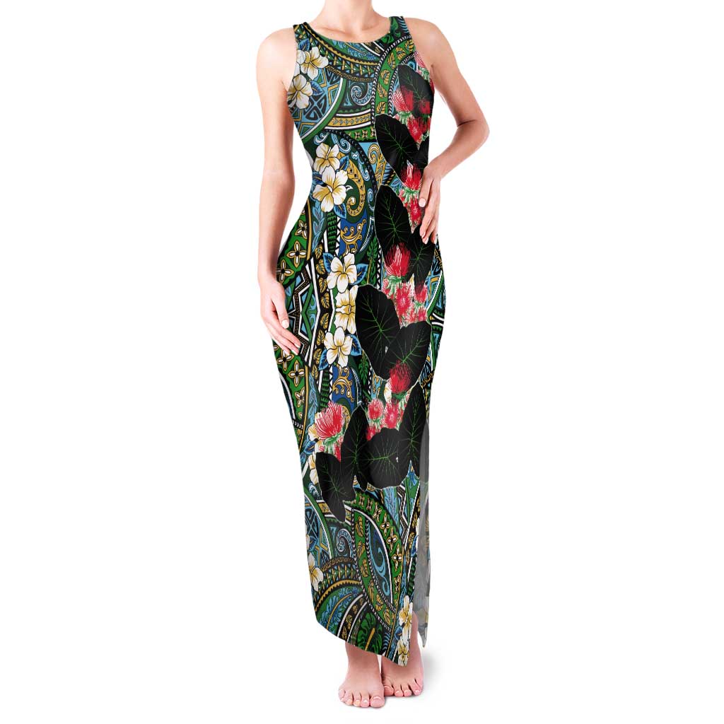 Hawaiian Taro Leaves and Ohia Lehua Tank Maxi Dress Polynesian Tribal Art Tropical Plants Motifs Colorful