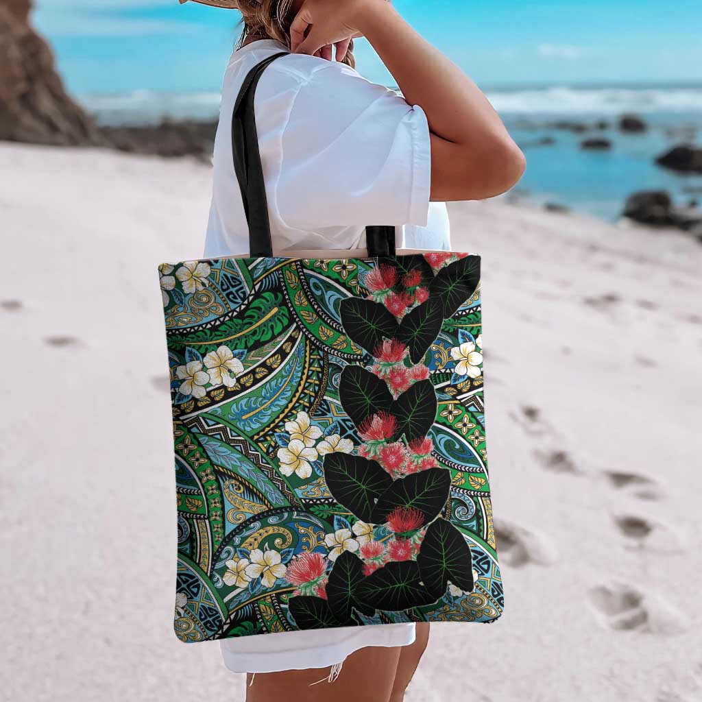 Hawaiian Taro Leaves and Ohia Lehua Tote Bag Polynesian Tribal Art Tropical Plants Motifs Colorful