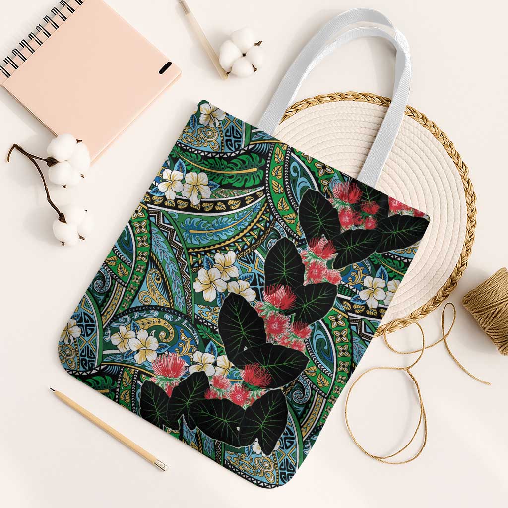 Hawaiian Taro Leaves and Ohia Lehua Tote Bag Polynesian Tribal Art Tropical Plants Motifs Colorful