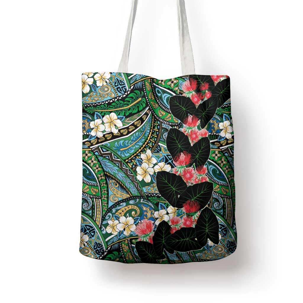 Hawaiian Taro Leaves and Ohia Lehua Tote Bag Polynesian Tribal Art Tropical Plants Motifs Colorful