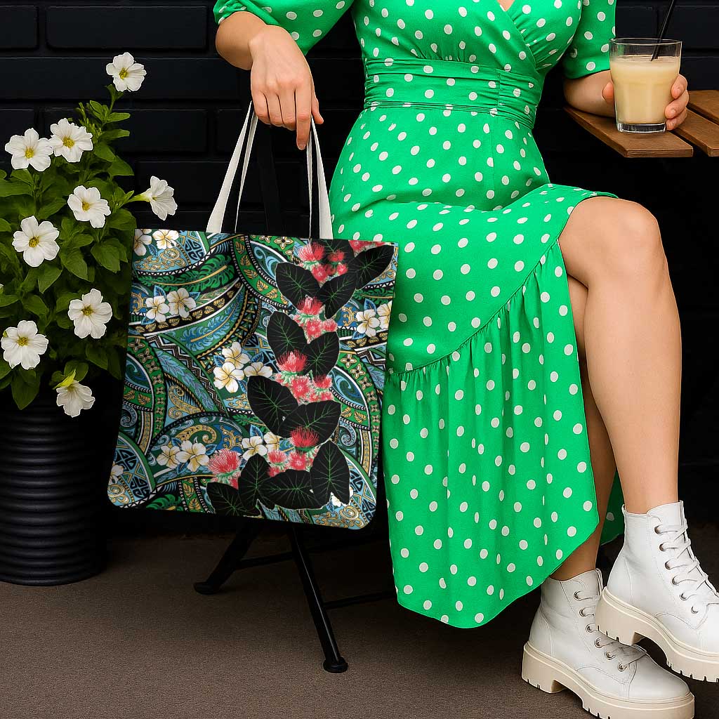 Hawaiian Taro Leaves and Ohia Lehua Tote Bag Polynesian Tribal Art Tropical Plants Motifs Colorful