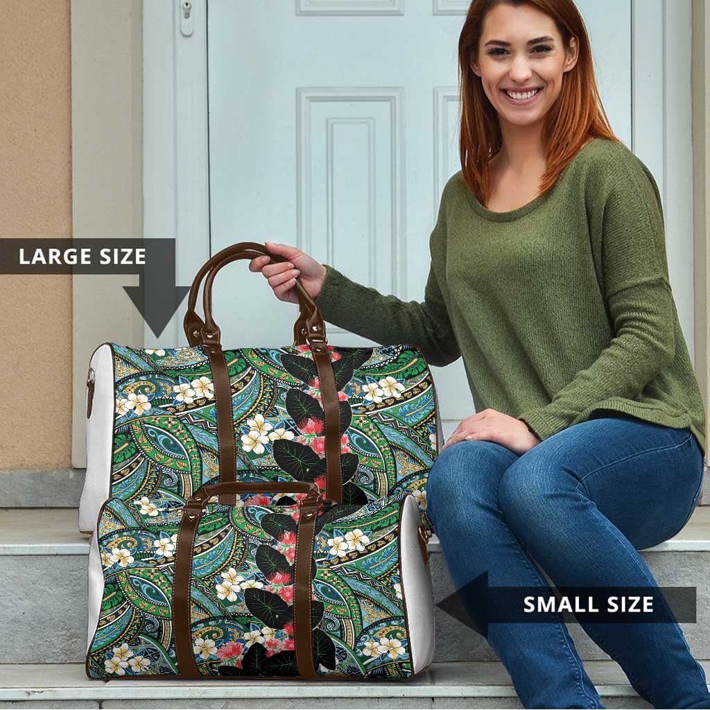 Hawaiian Taro Leaves and Ohia Lehua Travel Bag Polynesian Tribal Art Tropical Plants Motifs Colorful