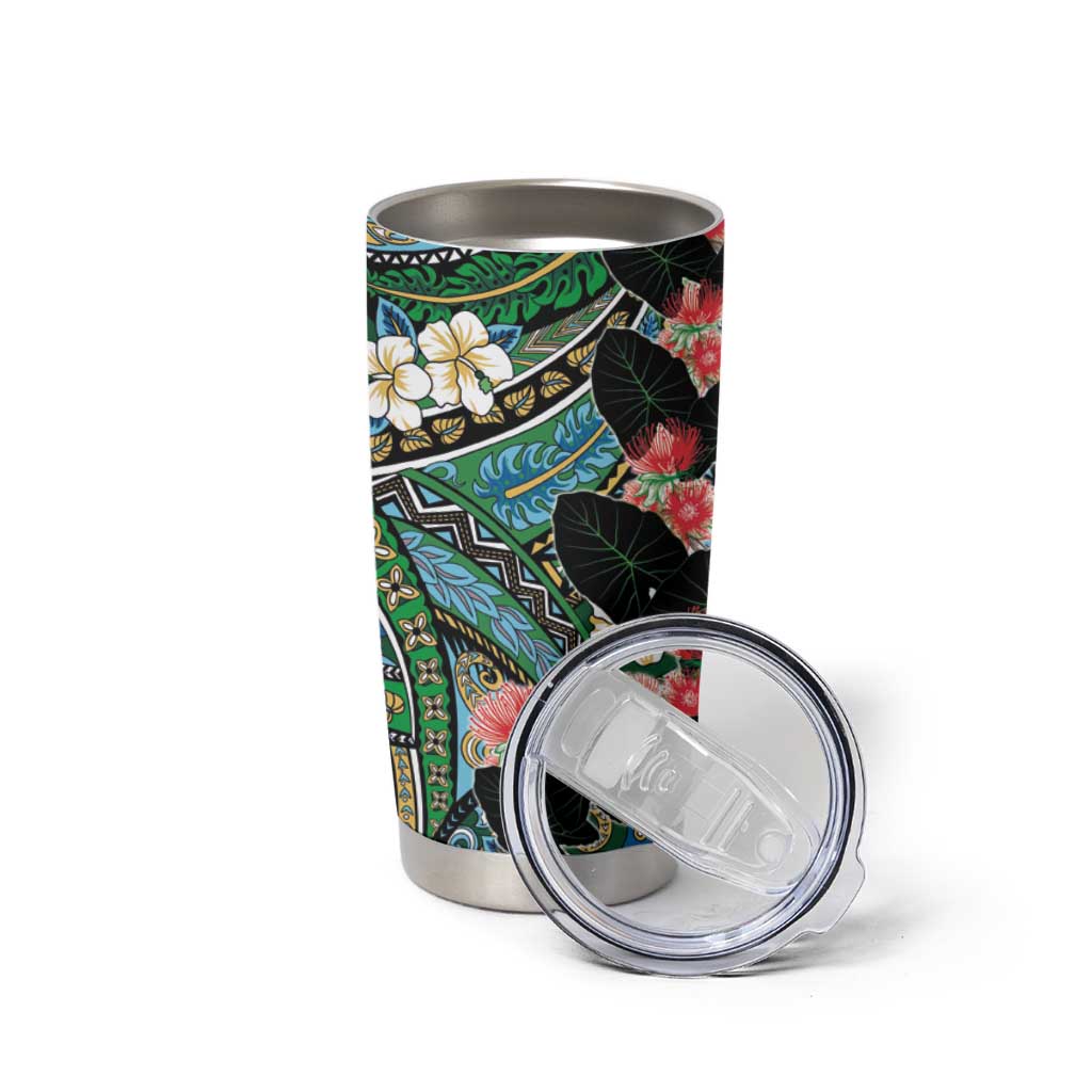 Hawaiian Taro Leaves and Ohia Lehua Tumbler Cup Polynesian Tribal Art Tropical Plants Motifs Colorful