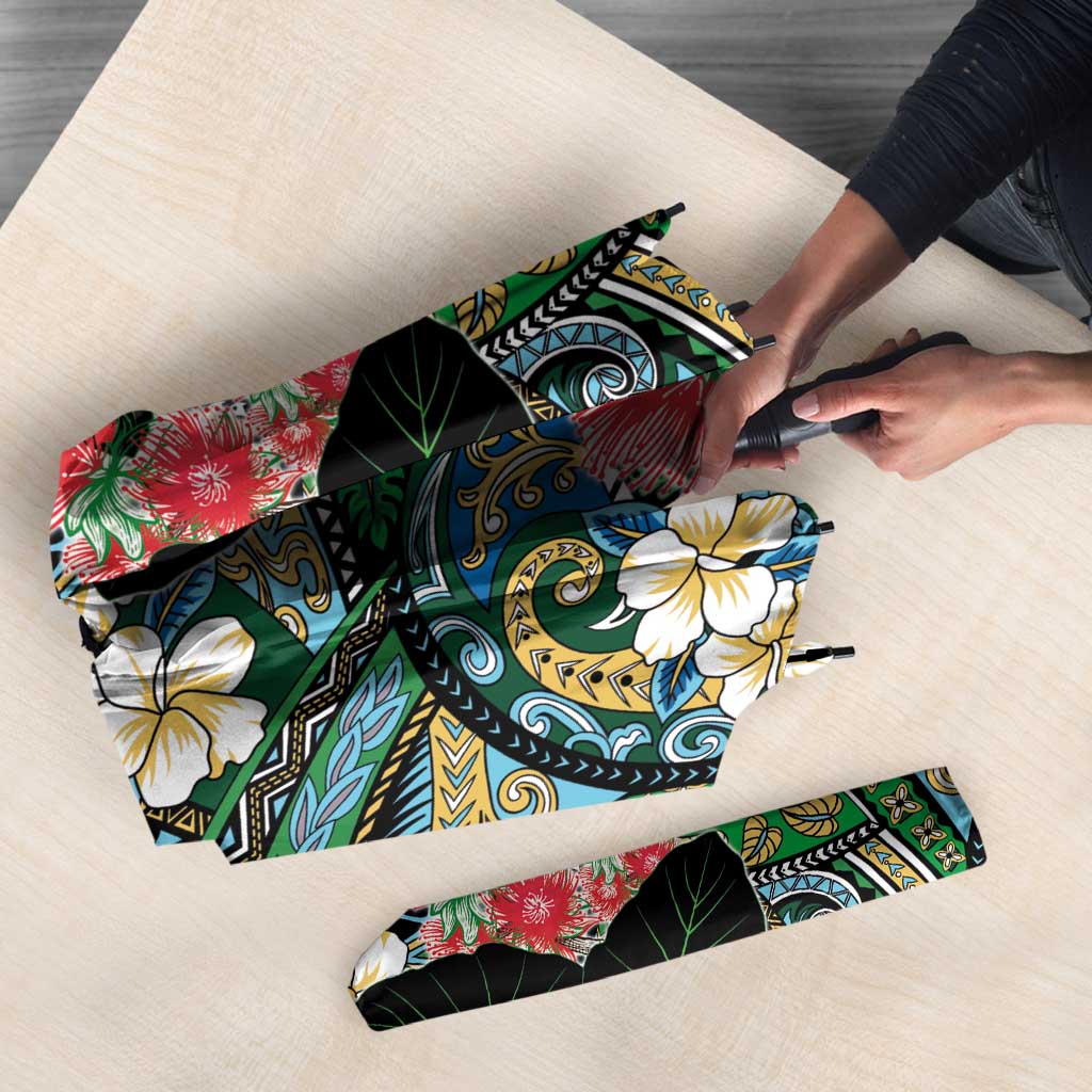Hawaiian Taro Leaves and Ohia Lehua Umbrella Polynesian Tribal Art Tropical Plants Motifs Colorful