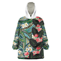 Hawaiian Taro Leaves and Ohia Lehua Wearable Blanket Hoodie Polynesian Tribal Art Tropical Plants Motifs Colorful