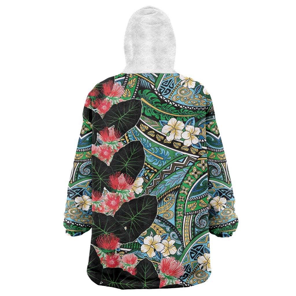 Hawaiian Taro Leaves and Ohia Lehua Wearable Blanket Hoodie Polynesian Tribal Art Tropical Plants Motifs Colorful