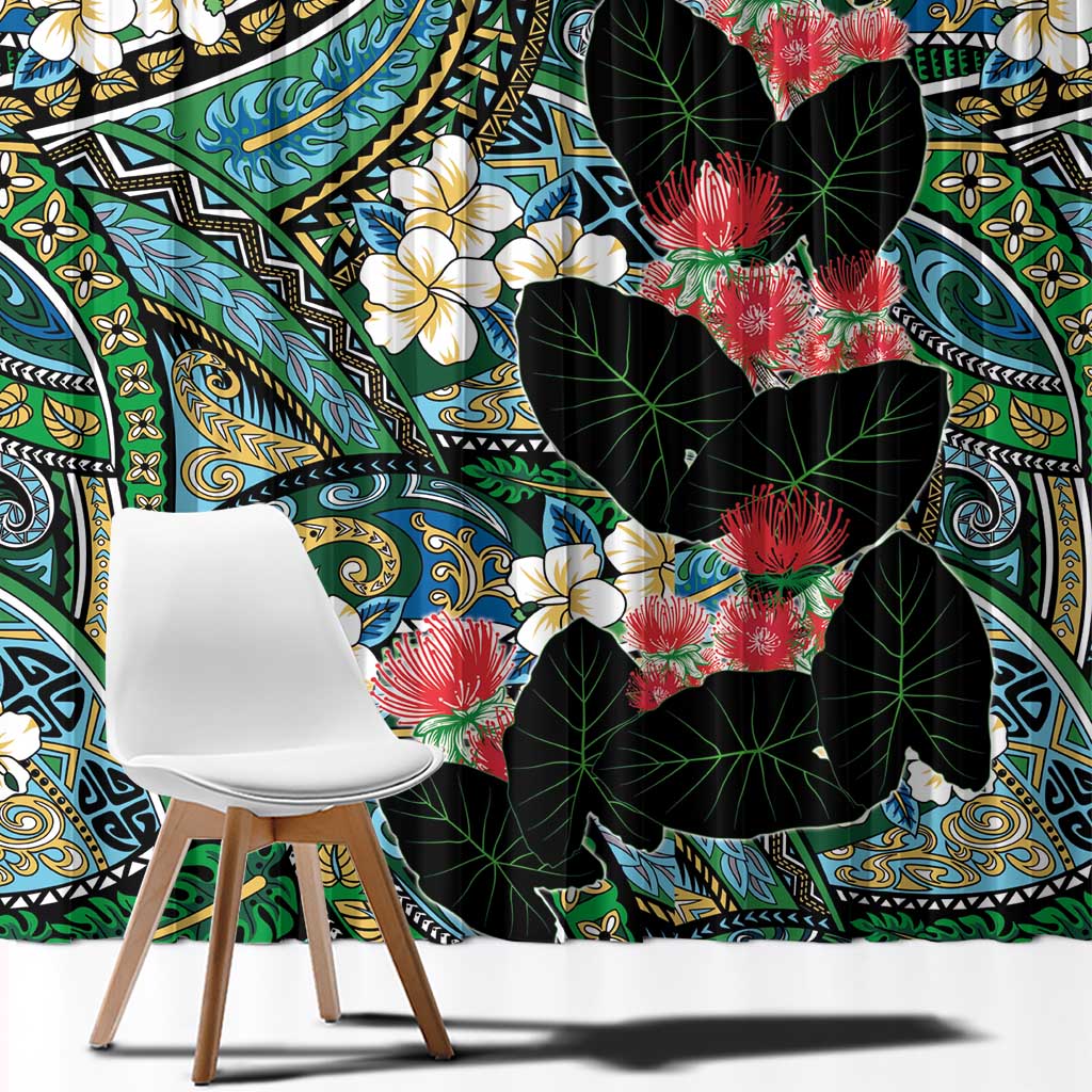 Hawaiian Taro Leaves and Ohia Lehua Window Curtain Polynesian Tribal Art Tropical Plants Motifs Colorful
