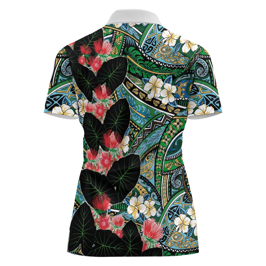 Hawaiian Taro Leaves and Ohia Lehua Women Polo Shirt Polynesian Tribal Art Tropical Plants Motifs Colorful