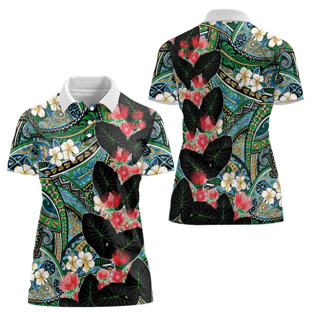 Hawaiian Taro Leaves and Ohia Lehua Women Polo Shirt Polynesian Tribal Art Tropical Plants Motifs Colorful