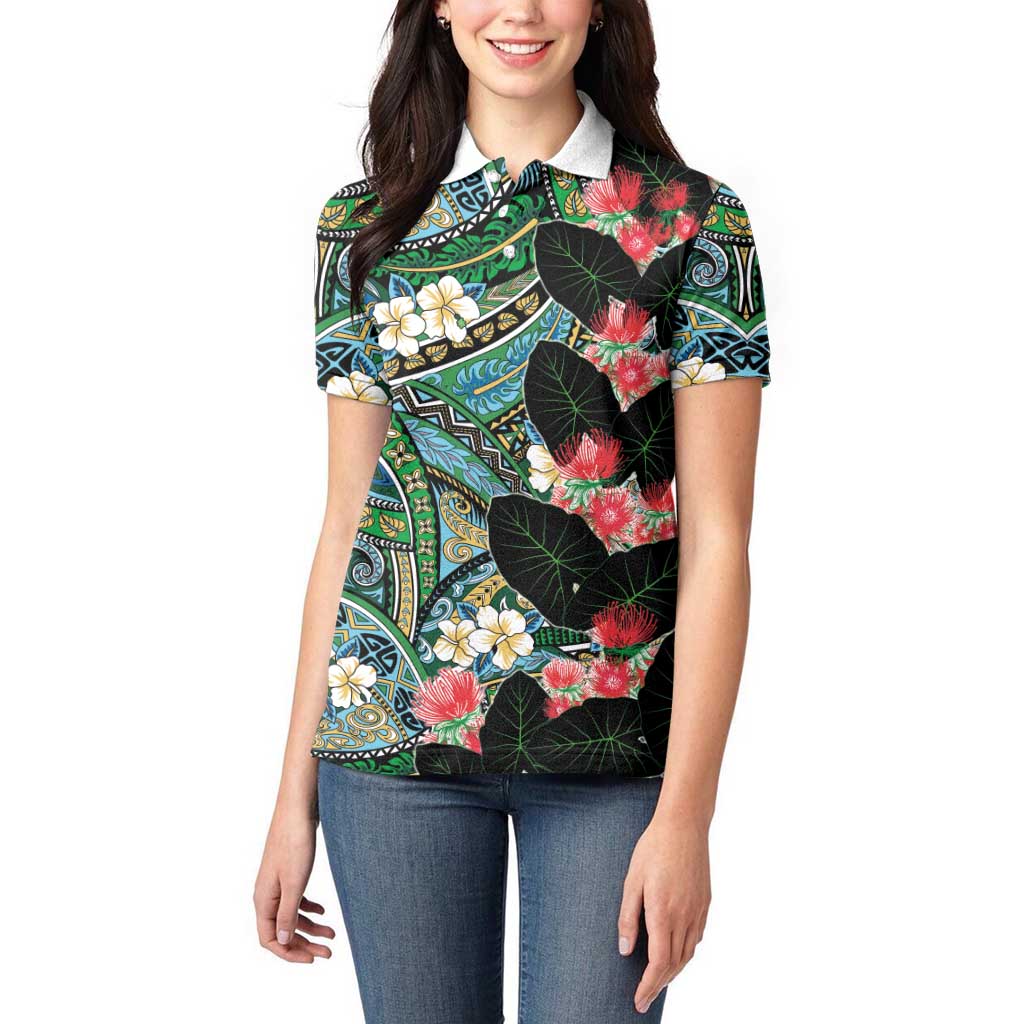 Hawaiian Taro Leaves and Ohia Lehua Women Polo Shirt Polynesian Tribal Art Tropical Plants Motifs Colorful