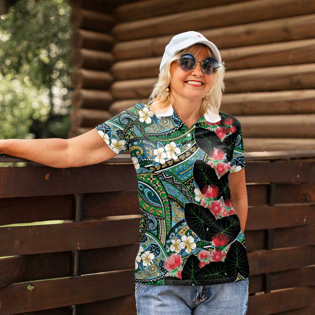 Hawaiian Taro Leaves and Ohia Lehua Women Polo Shirt Polynesian Tribal Art Tropical Plants Motifs Colorful