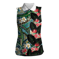 Hawaiian Taro Leaves and Ohia Lehua Women Sleeveless Polo Shirt Polynesian Tribal Art Tropical Plants Motifs Colorful