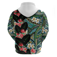 Hawaiian Taro Leaves and Ohia Lehua Zip Hoodie Polynesian Tribal Art Tropical Plants Motifs Colorful