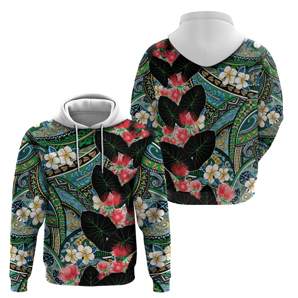 Hawaiian Taro Leaves and Ohia Lehua Zip Hoodie Polynesian Tribal Art Tropical Plants Motifs Colorful