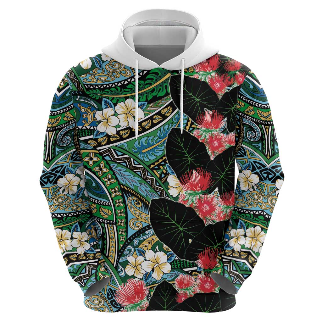 Hawaiian Taro Leaves and Ohia Lehua Zip Hoodie Polynesian Tribal Art Tropical Plants Motifs Colorful