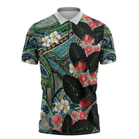 Hawaiian Taro Leaves and Ohia Lehua Zipper Polo Shirt Polynesian Tribal Art Tropical Plants Motifs Colorful
