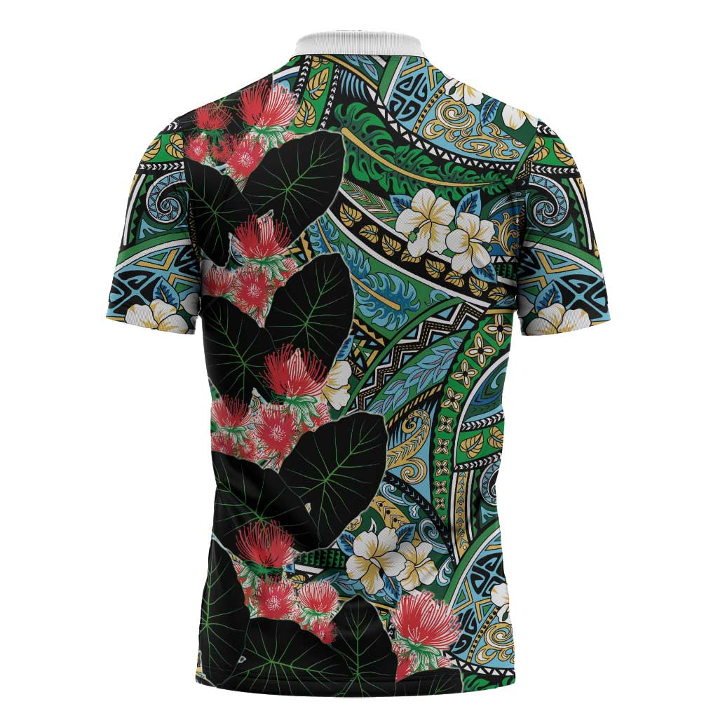 Hawaiian Taro Leaves and Ohia Lehua Zipper Polo Shirt Polynesian Tribal Art Tropical Plants Motifs Colorful
