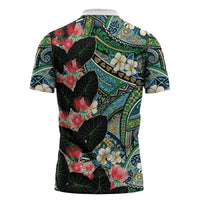 Hawaiian Taro Leaves and Ohia Lehua Zipper Polo Shirt Polynesian Tribal Art Tropical Plants Motifs Colorful