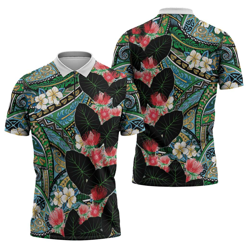 Hawaiian Taro Leaves and Ohia Lehua Zipper Polo Shirt Polynesian Tribal Art Tropical Plants Motifs Colorful