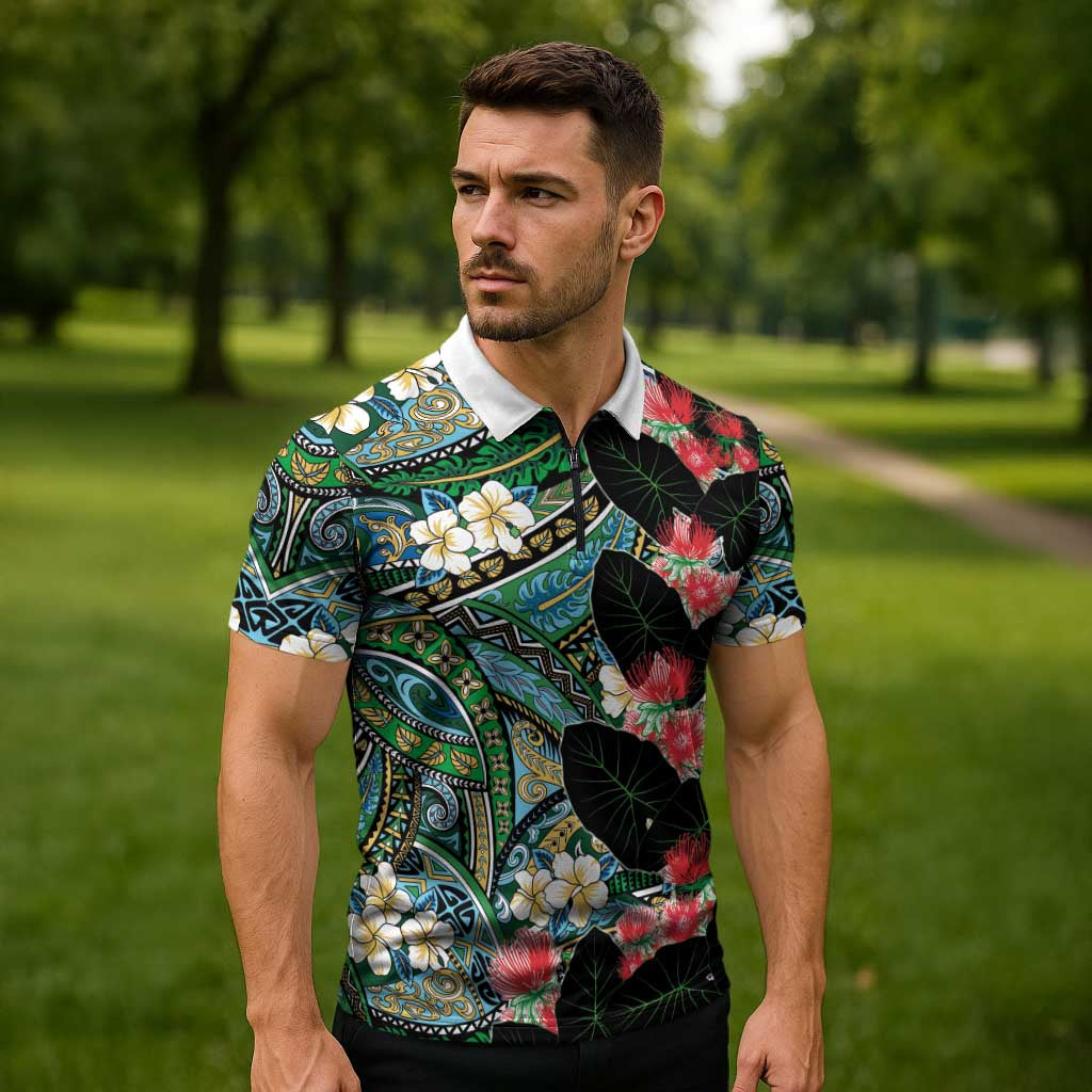 Hawaiian Taro Leaves and Ohia Lehua Zipper Polo Shirt Polynesian Tribal Art Tropical Plants Motifs Colorful