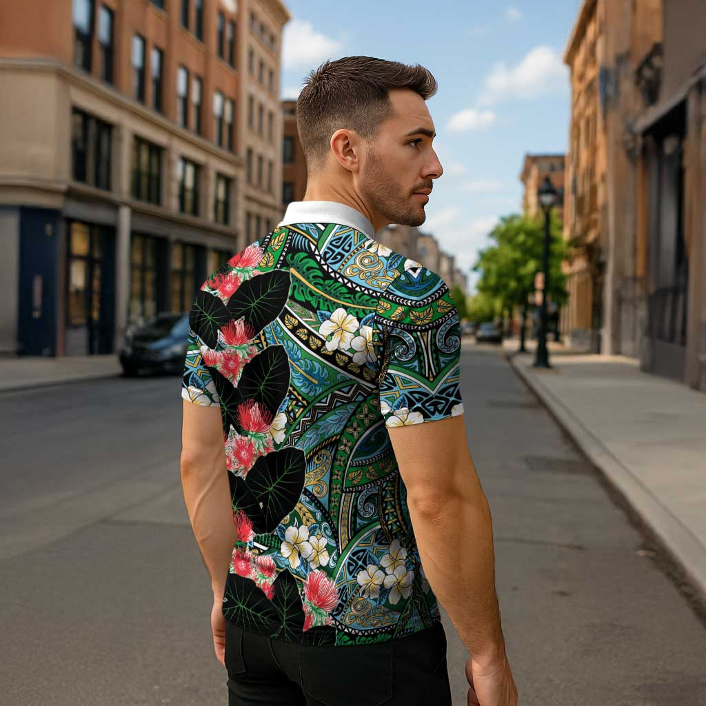Hawaiian Taro Leaves and Ohia Lehua Zipper Polo Shirt Polynesian Tribal Art Tropical Plants Motifs Colorful