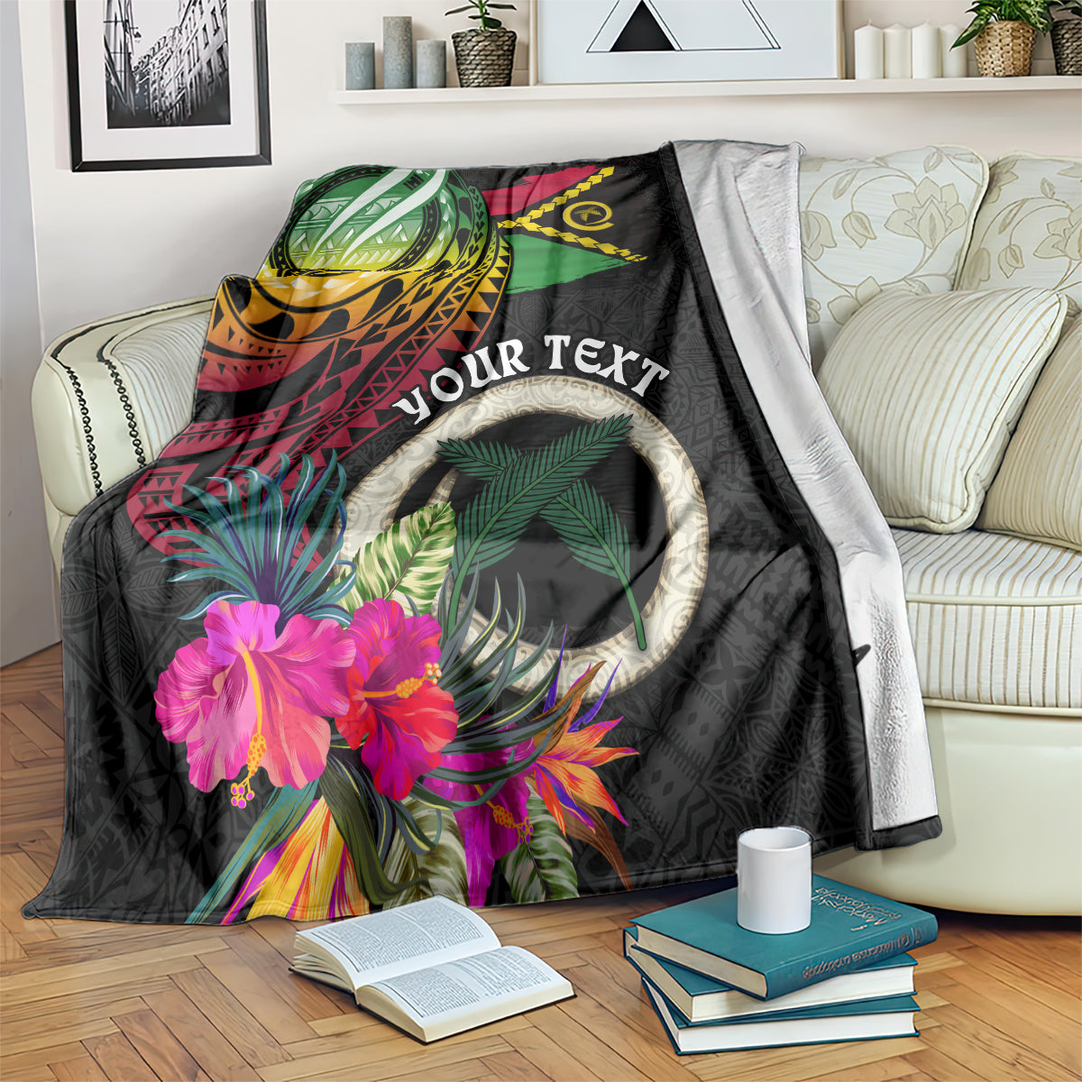 Personalised Vanuatu 44th Anniversary Blanket Boars Tusk Tugeta Yumi Selebretem Indipendens Dei LT03 Black - Polynesian Pride