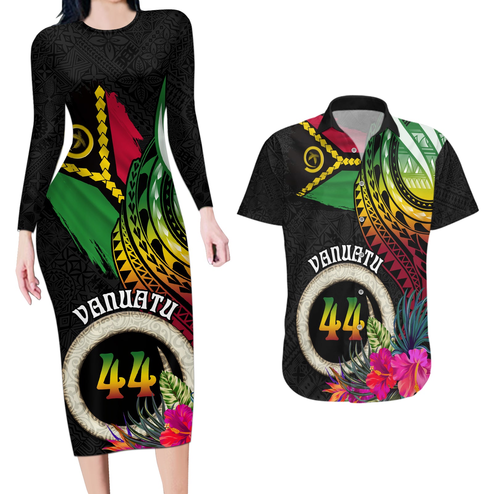 Vanuatu 44th Anniversary Couples Matching Long Sleeve Bodycon Dress and Hawaiian Shirt Boars Tusk Tugeta Yumi Selebretem Indipendens Dei