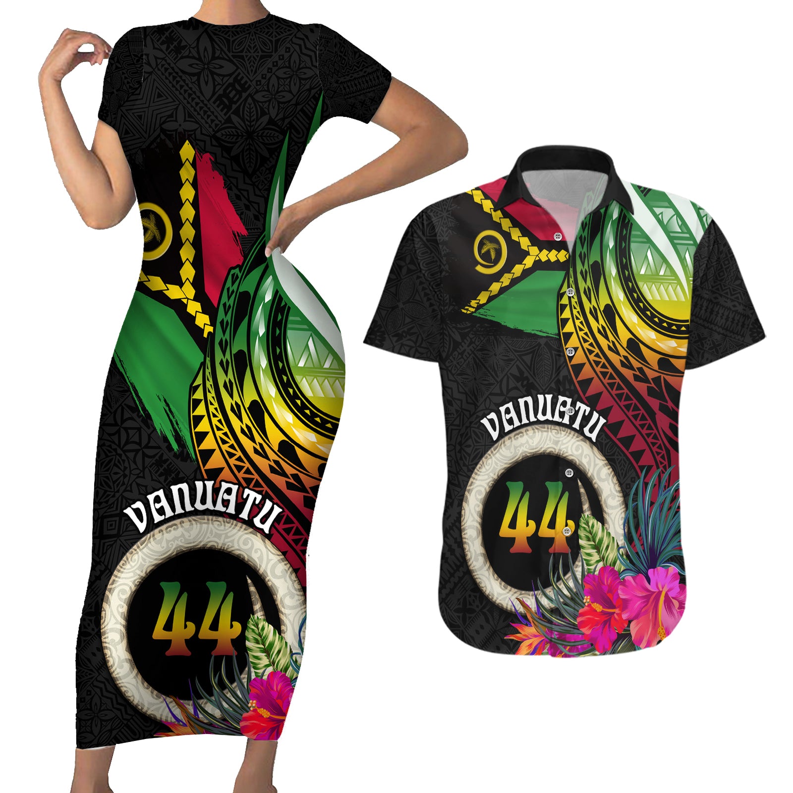 Personalised Vanuatu 44th Anniversary Couples Matching Short Sleeve Bodycon Dress and Hawaiian Shirt Boars Tusk Tugeta Yumi Selebretem Indipendens Dei LT03 Black - Polynesian Pride